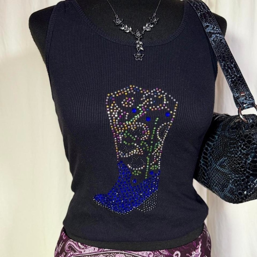 Bay Blue Black Rhinestone Boot Ribbed Tank Top XS - Picture 2 of 7